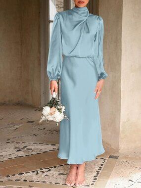 BTFBM Womens Mock Neck Satin Dress Spring Summer 2026 Long Sleeve Lightweight